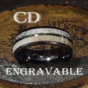 Personalized Men's Real Black Tungsten Wedding Ring Meteorite Deer Antler Inlays